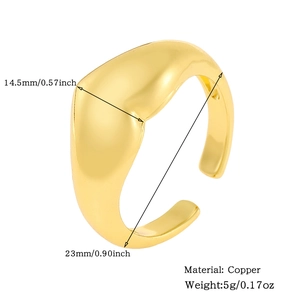 Detailed size chart of a 18K gold plated wide band copper ring with measurements