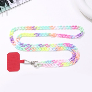Detail of colorful acrylic phone strap with candy-colored beads and metal lobster clasp