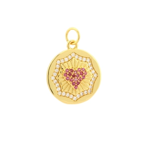 Detailed view of an 18K gold-plated heart pendant with pink gemstone and halo crystals