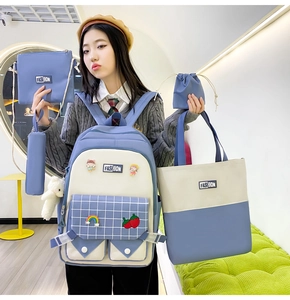 Detailed 5-in-1 sky blue school backpack set including tote, pouch, and crossbody bag