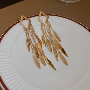 Elegant gold-plated tassel earrings with leaf sequins and geometric hollow diamond studs