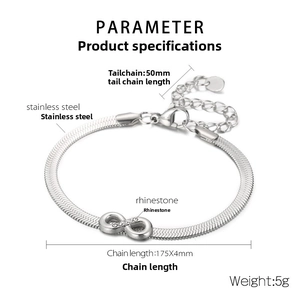 Detail of 4mm stainless steel infinity bracelet with rhinestones and size indicators
