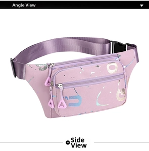 Close-up of lilac waterproof fanny pack featuring three zippered pockets and colorful letters