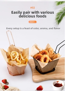 Close-up of rose gold and black stainless steel mesh fry baskets for snack presentation