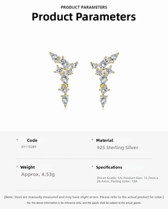 Detail showing S925 sterling silver drop earrings with 5A zircon clusters and 18K plating