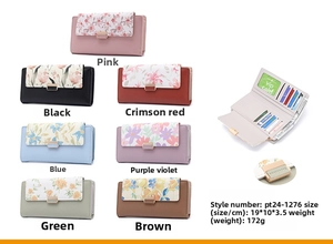 Detail view of floral print long PU leather wallet with multi-card slots and secure magnetic clasp