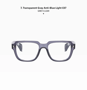 Detail view of transparent grey square frame glasses with anti-blue light clear lenses