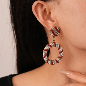 Vintage round earrings with red enamel stripes and sparkling rhinestones for women