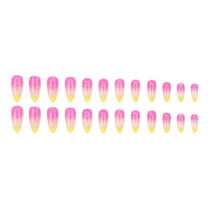 Glossy almond press-on nails featuring a vibrant pink and yellow vertical gradient