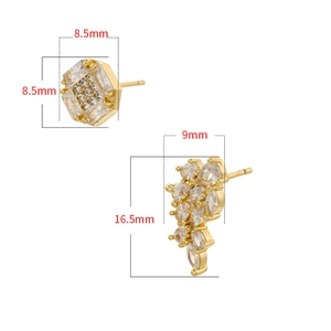 Detailed dimension guide showing 18K gold plated geometric stud earrings with CZ crystals