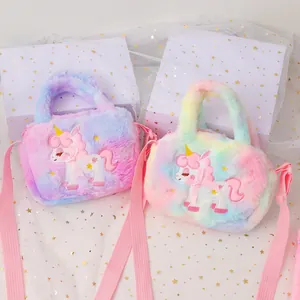 Plush unicorn crossbody bag for kids with rainbow gradient fur and soft handle