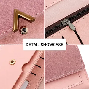 Pink PU leather long wallet for women featuring a V-shaped metal snap and card slots
