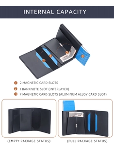 Detail view of RFID blocking tri-fold wallet with aluminum card slot and leather finish
