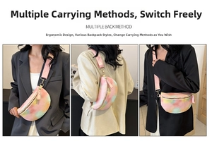 Detailed views of tie-dye chest bag showing crossbody and shoulder wearing styles
