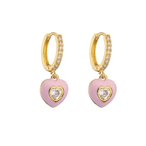 Close-up of gold hoop earrings featuring pink enamel hearts and sparkling white zirconias