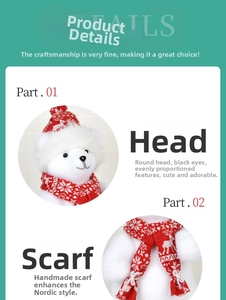 Detailed view of the Christmas polar bear plush with knitted snowflake hat and scarf