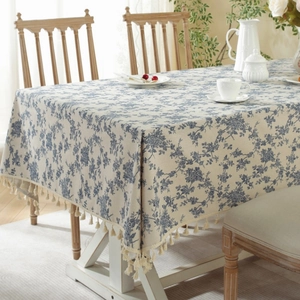 Rectangle cream floral tablecloth with blue flower patterns and elegant fringe tassels