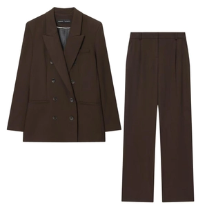 Women Blazer And Pants Outfit Double Breasted Long Sleeve Jacket Straight Leg Trousers Elegant Office Wear