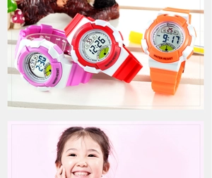 Detailed view of digital kids watches with 30m water resistance in pink, red and orange