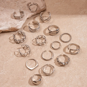 16-piece set of silver minimalist geometric irregular open rings in various stylish designs