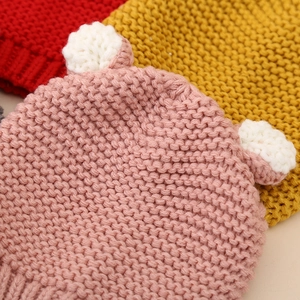 Winter baby knit hat with 3D cute ears, thick warm beanies in pink, yellow and red
