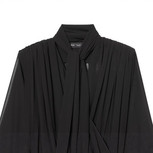Elegant black pleated chiffon long sleeve blouse with stylish neck tie detail