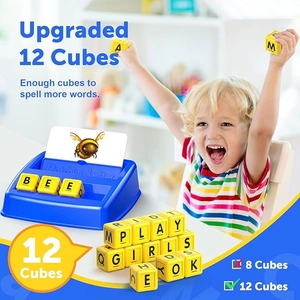 Educational letter matching board game with 12 yellow cubes and cards for word spelling