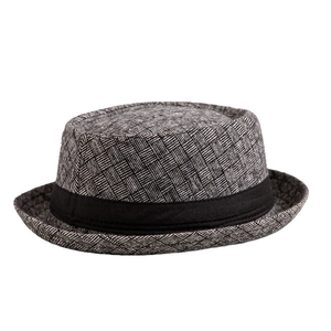 Men's black and white checkered jazz fedora hat with black ribbon on white background