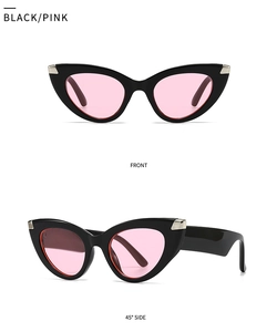 Front and 45-degree side view of black cat-eye sunglasses with pink lenses and silver details