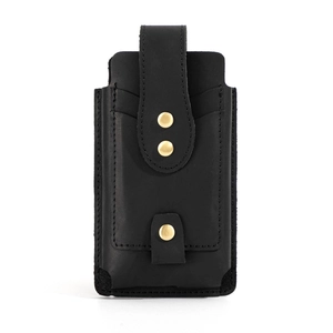 Detailed view of black crazy horse leather phone holster with metal rivets and card slots
