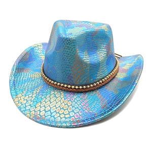 Detail of blue sequin cowboy hat with colorful snakeskin texture and beaded band decor