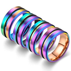 Rainbow gradient stainless steel ring featuring multi-color metallic luster and black edges