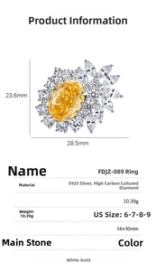Detailed size specifications for S925 silver ring featuring 14x10mm yellow diamond center