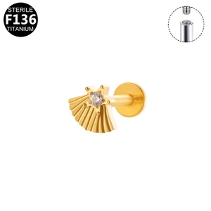 F136 titanium gold labret stud with fan-shaped cubic zirconia and internal threading