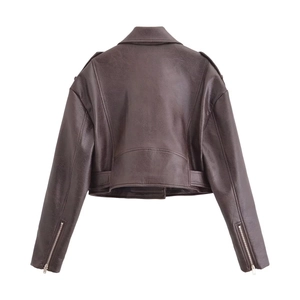 Deep brown faux leather cropped biker jacket for women showing back view and texture