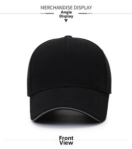 Front view of black baseball cap featuring classic six-panel structure and curved brim