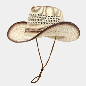 Detail of hollow woven cowboy straw hat with rhinestone belt and adjustable chin strap
