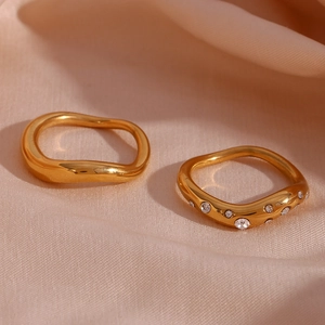 Fashion Stainless Steel 18K Gold Plated Irregular Wave Ring For Women Rhinestone Inlaid Minimalist Statement Jewelry Finger Ring