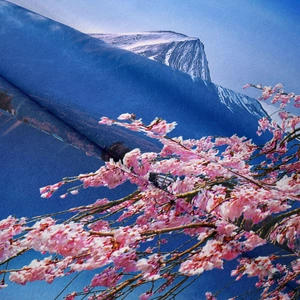 Detail showing high-quality fabric texture with Mt Fuji and pink cherry blossoms