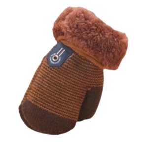 Thick warm knit mittens for toddlers with fleece cuffs and decorative blue label