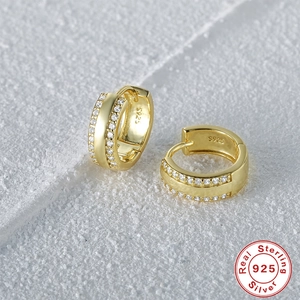 S925 sterling silver huggie earrings with double rows of white cubic zirconia in gold