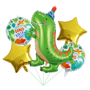 5-piece dinosaur party balloon set featuring a green dino and golden stars