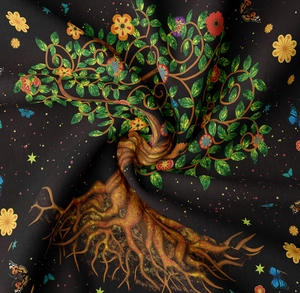 Close-up of vibrant tree of life tapestry showing soft fabric texture and artistic floral prints