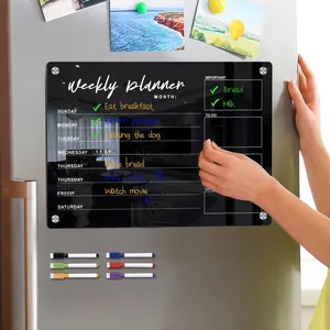 Weekly magnetic acrylic planner set with 6 colorful markers on a refrigerator surface
