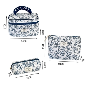 Trois trousses de maquillage matelassées à fleurs bleues avec dimensions indiquées