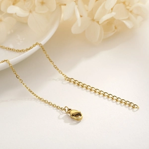 Detailed macro view of 18k gold-plated lobster clasp and extension chain on the necklace