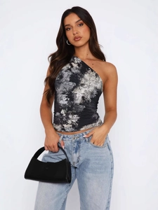 Slim fit Y2K one shoulder sleeveless tank top with ink tie-dye print for women