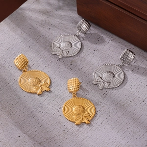 Gold and silver woven straw hat drop earrings with ribbon bow for women