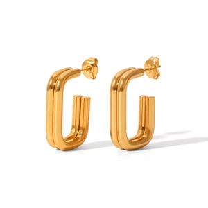 18K gold plated stainless steel double bar square hoop earrings for women on white background