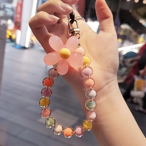Handmade Beaded Phone Lanyard Wrist Strap With Resin Flower Charm Macaron Color Acrylic Beads Wristlet Chain